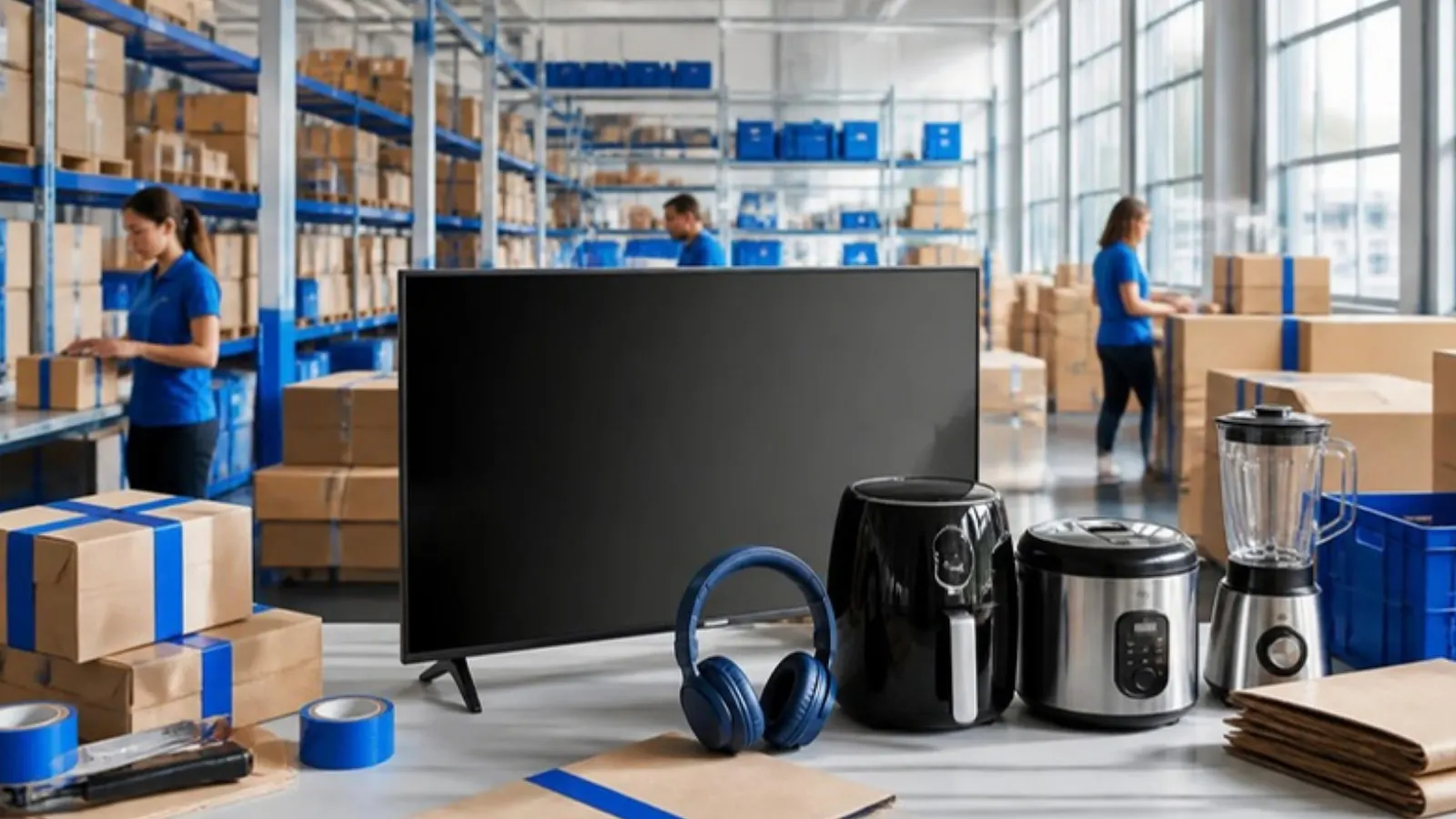 Electronics and appliances in a fulfilment warehouse